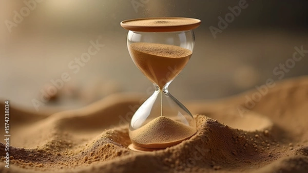 Fototapeta Hourglass in sand dunes depicting time running out in a desert landscape concept imagery