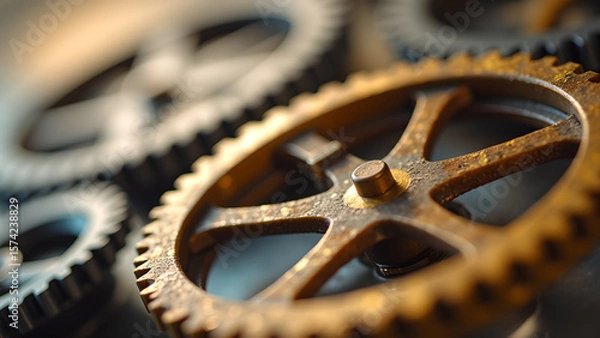 Fototapeta Close up shot presenting interlocking gears with selective focus and shallow depth of field ideal for concepts