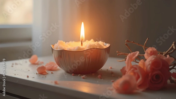 Fototapeta Candlelight tranquility still life a glowing candle surrounded by delicate rose petals for relaxation and calm