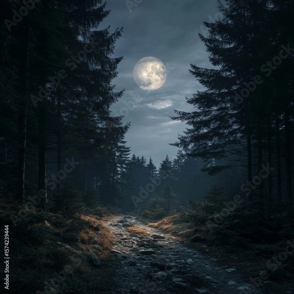 Fototapeta Serene Moonlit Pathway Through a Dark Enchanted Forest at Night