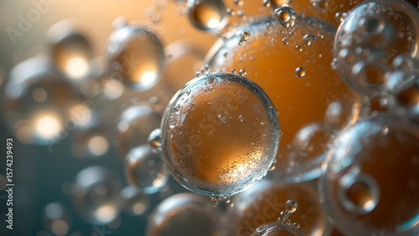 Fototapeta Abstract macro photography showing water droplets and oil creating golden abstract shapes background design