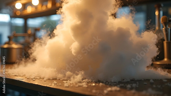 Fototapeta Dramatic kitchen explosion concept: a billowing cloud of smoke and liquid nitrogen substance aftermath with blurred equipment