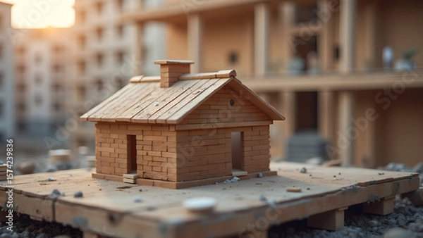 Fototapeta Miniature house model under construction showcases architectural detail and planning of real estate venture with intricate brickwork
