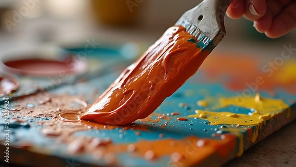Fototapeta Close up shot of a paintbrush applying orange paint to a colorful palette with other colors