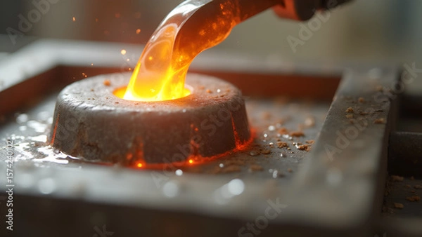 Fototapeta The Molten Metal Being Poured Into a Mold for Casting Process with Industrial Technology and Engineering Process
