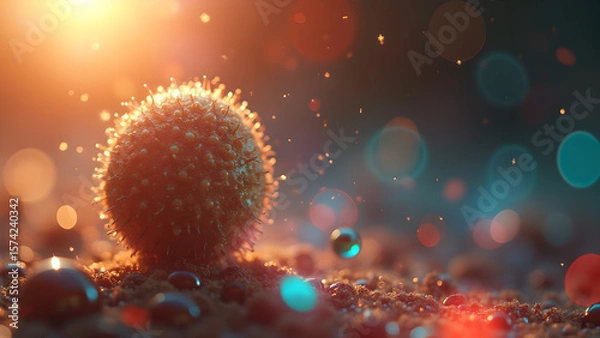 Fototapeta Detailed microscopic view of a virus cell with a bokeh background and water droplets around it