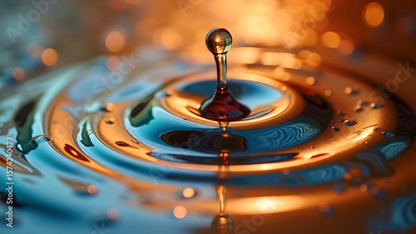 Fototapeta A captivating macro shot of a water droplet creating ripples with warm, inviting light reflection, close up