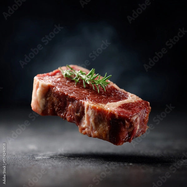Fototapeta 3D beef steak hovering in the air on a black background, sharp edges food illustration for restaurants and home cooking.