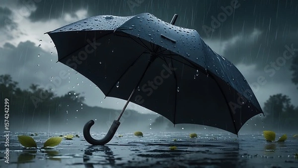 Obraz Black Umbrella in Heavy Rain, Dramatic Moody Atmosphere, Dark Clouds, Fallen Leaves