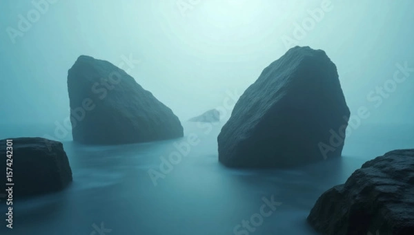 Fototapeta Massive rocks emerge from calm, misty waters under a serene blue haze, creating a mysterious and tranquil seascape filled with quiet solitude.