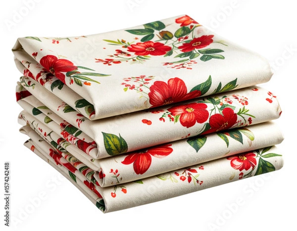 Fototapeta  Folded Fabric with Red and Green Floral Pattern, Isolated on Transparent Backgroun PNG