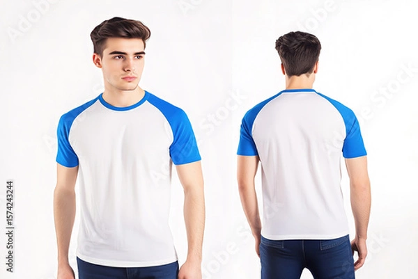 Obraz Front and back view of a man wearing a white t-shirt with blue raglan sleeves and jeans on a neutral background