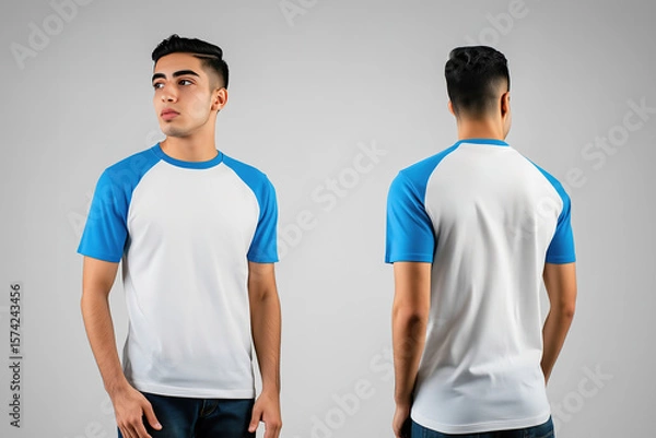 Obraz Front and back view of a man wearing a white t-shirt with blue raglan sleeves and jeans on a neutral background