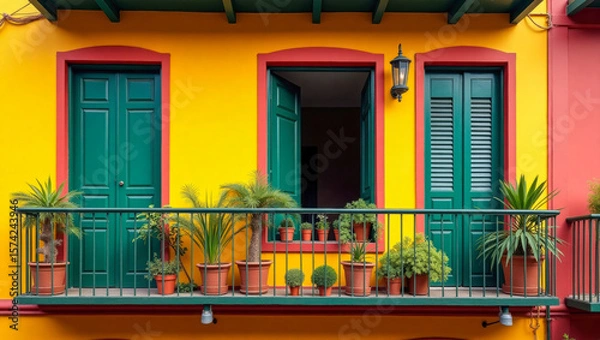 Fototapeta Colorful balcony with vibrant yellow walls, green doors, and potted plants in terracotta pots, creating a lively and tropical atmosphere with bold architectural contrasts.