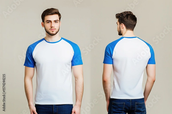 Obraz Front and back view of a man wearing a white t-shirt with blue raglan sleeves and jeans on a neutral background