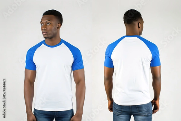 Obraz Front and back view of a man wearing a white t-shirt with blue raglan sleeves and jeans on a neutral background