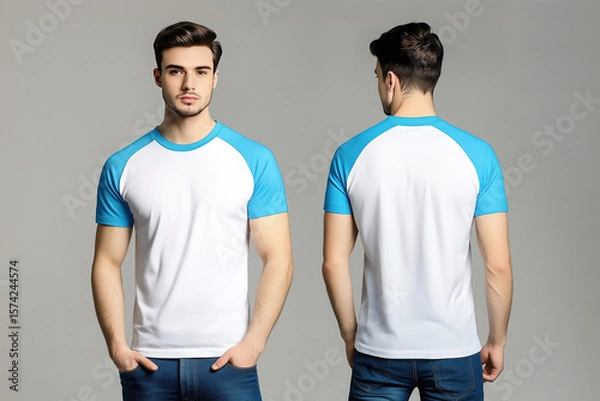 Obraz Front and back view of a man wearing a white t-shirt with blue raglan sleeves and jeans on a neutral background