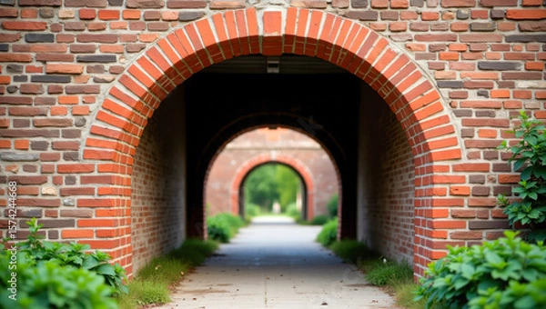 Fototapeta Brick archway tunnel with repeating red and brown arches, leading to a peaceful garden path. The perspective view emphasizes symmetry and depth in a serene architectural setting.
