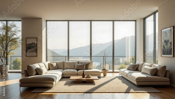 Fototapeta Modern living room with minimalist decor, large beige sofas, wooden floor, and panoramic windows showcasing a stunning mountain and lake view bathed in soft natural light.