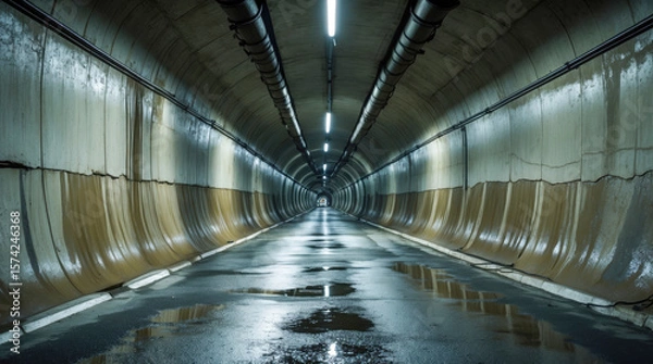 Fototapeta A long, dimly lit underground tunnel with wet reflective pavement, stained concrete walls, and overhead pipes creating a moody, industrial atmosphere.