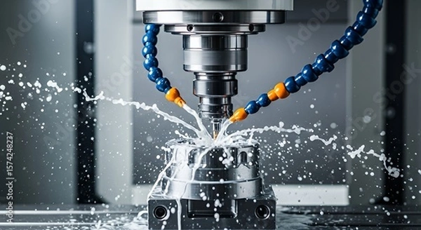 Fototapeta Automated Cnc Milling Machine Cutting Metal with Coolant Spraying