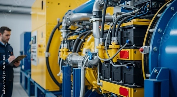 Fototapeta Technician Inspecting Large Industrial Generator System in Factory Setting