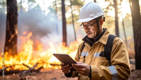 Fototapeta Forest fire responder using tablet