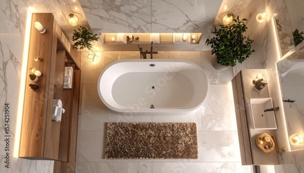 Obraz Elevated View of a Modern, Luxurious Bathroom with Oval Bathtub and Warm Lighting
