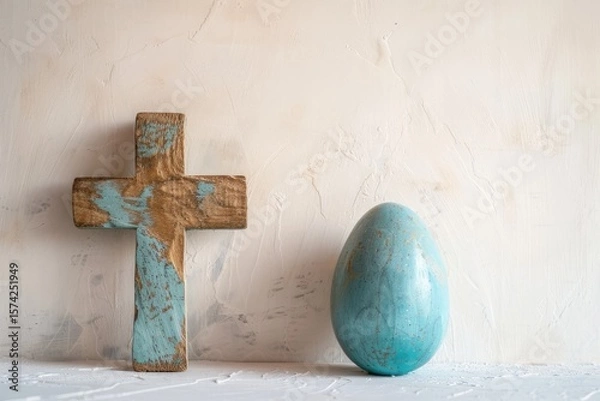 Obraz Easter blue egg and wooden cross on a light background