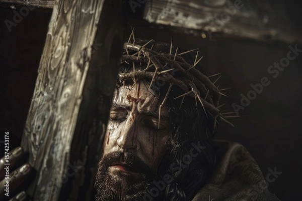 Obraz Jesus carrying the cross, illustration style, full body shot, close-up of face, dark background