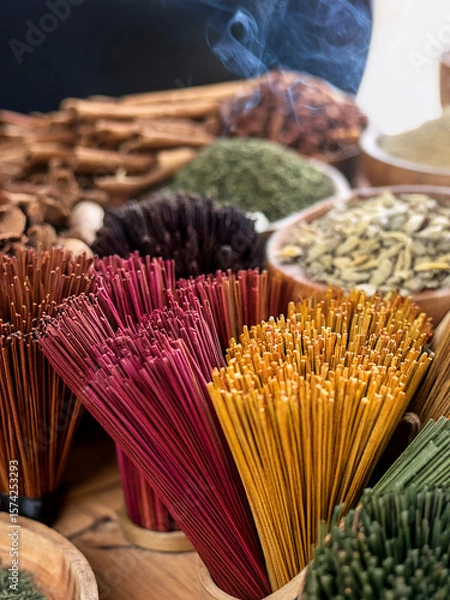 Fototapeta Cultural representation of incense sticks and aromatic materials in a spiritual and calming layout.