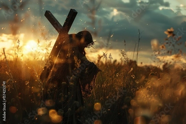 Obraz Jesus carrying the cross, illustration style, full body shot, close-up of face, dark background