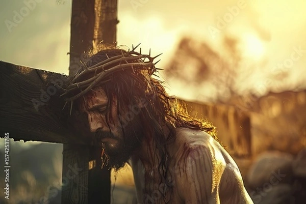 Obraz Jesus carrying the cross, illustration style, full body shot, close-up of face, dark background