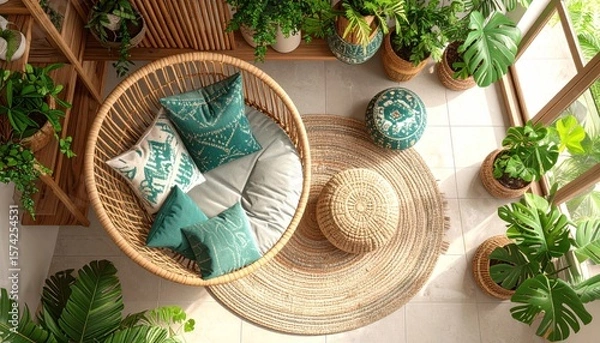 Obraz Elevated View of a Tranquil, Boho-Chic Indoor Oasis