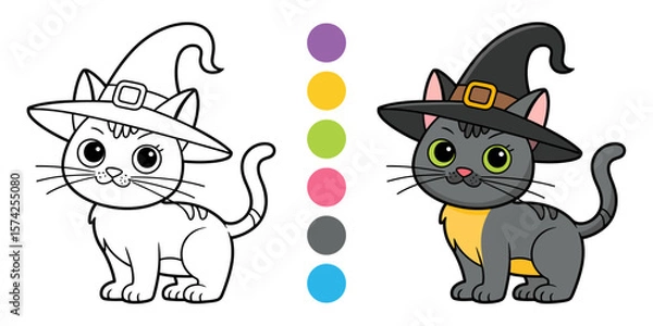 Fototapeta Charming Halloween Cat: A delightful Halloween illustration showcases a cute cat dressed in a witch hat, ready for coloring and spreading festive cheer.