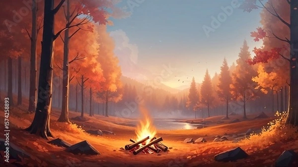 Fototapeta Cozy sunset scene with a glowing campfire in an autumn forest. The golden sun sets behind the trees, creating a peaceful, cozy atmosphere. Horizontal shot, landscape orientation