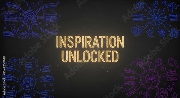 Fototapeta Inspiration Unlocked Text - Chalkboard Doodles, Creative Ideas Mind Map, Business Brainstorming, Innovation, Solutions, Learning Progress