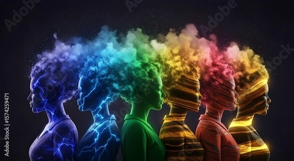 Fototapeta Abstract Fractured Head - Colorful Glowing Silhouette, AI Brain, Creative Mind, Digital Thought, Consciousness, Imagination, Innovation, Brainstorm