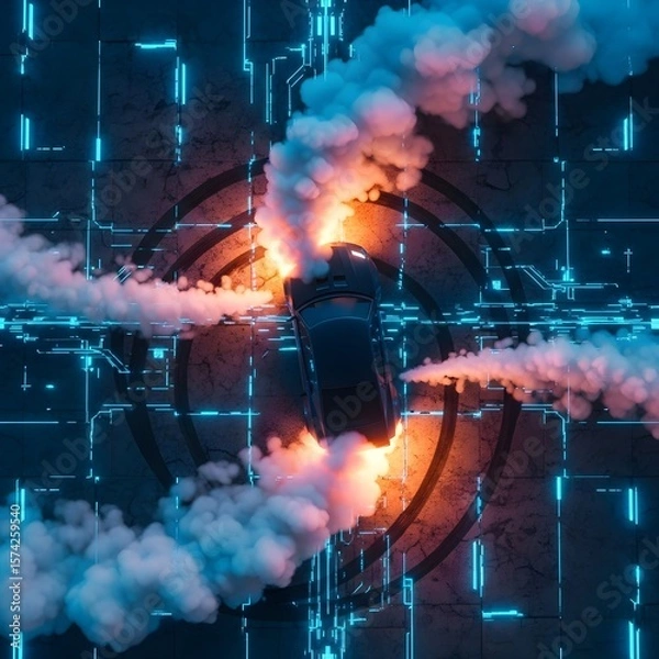 Fototapeta Top-Down Car Drift - Flaming Tech Circuit Board Background, Futuristic Race, Digital Collision, Urban Energy, Cyberpunk Action, Burning Vehicle