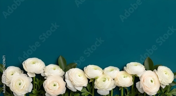 Fototapeta Fresh White Peonies Floral Bottom Border - Teal Background, Serene Bloom Arrangement, Clean Botanical Design, Tranquil Flower Decor, Modern Backdrop