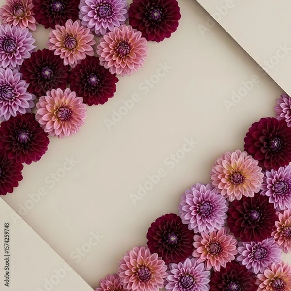 Fototapeta Artistic Floral Frame Diagonal Corners - Red Purple Dahlia Flowers, Geometric Corner Design, Elegant Botanical Border, Artistic Beige Backdrop