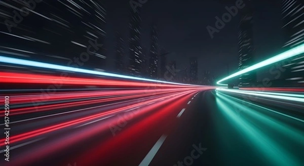 Fototapeta Futuristic City Tunnel - Car Light Trails, Long Exposure, Neon Speed, Urban Commute, Dynamic Transport, Abstract Night Road, Speed Motion