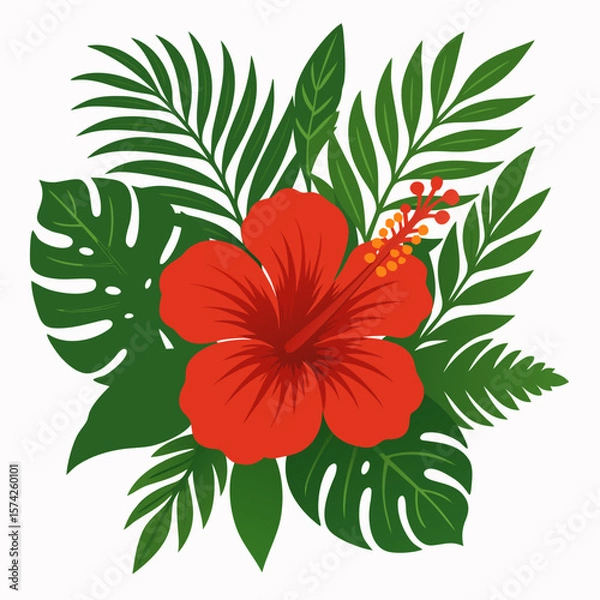 Obraz Tropical-themed vector illustration of a red hibiscus flower bouquet with detailed green foliage