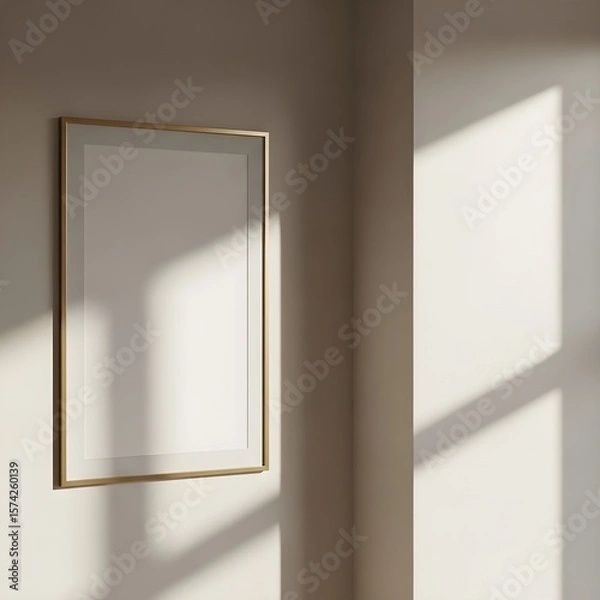 Fototapeta Mockup Gold Vertical Frame - Wall with Shadow Play, Modern Interior, Bright Room Art Display, Elegant Design Template, Sunlight Effect