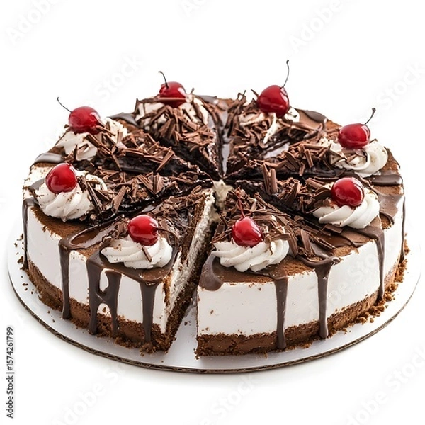 Fototapeta Chocolate cherry cake with drizzle and cream topping on white background
