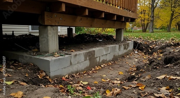 Fototapeta An unfinished deck base showing solid concrete blocks and sturdy timber construction.

