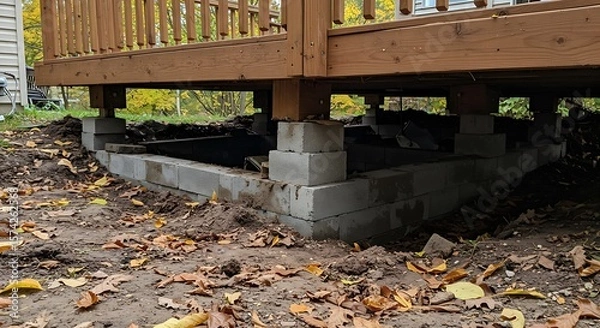 Fototapeta Home improvement project: new concrete block foundation under an existing wooden deck.

