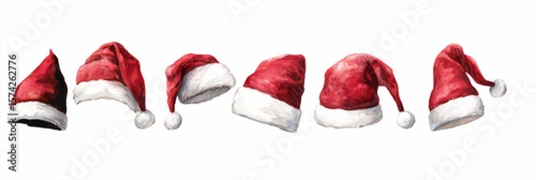 Obraz Vector illustration of  festive collection of watercolor Santa hats in different shapes and angles on white background