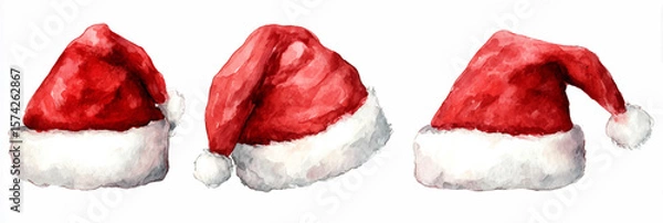 Obraz Vector illustration of  festive collection of watercolor Santa hats in different shapes and angles on white background