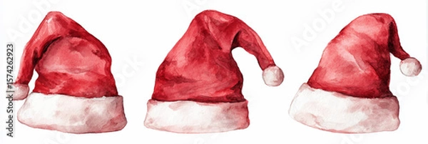Obraz Vector illustration of  festive collection of watercolor Santa hats in different shapes and angles on white background
